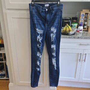 Cello Dark Blue Distressed Skinny Jeans (Long)
